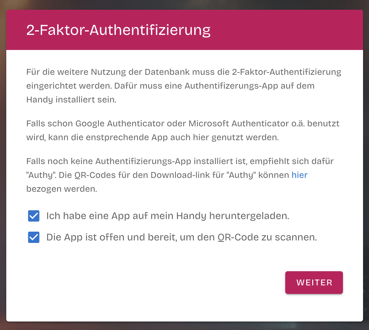 The first two-factor authentication setup step explaining that an authenticator app is required
